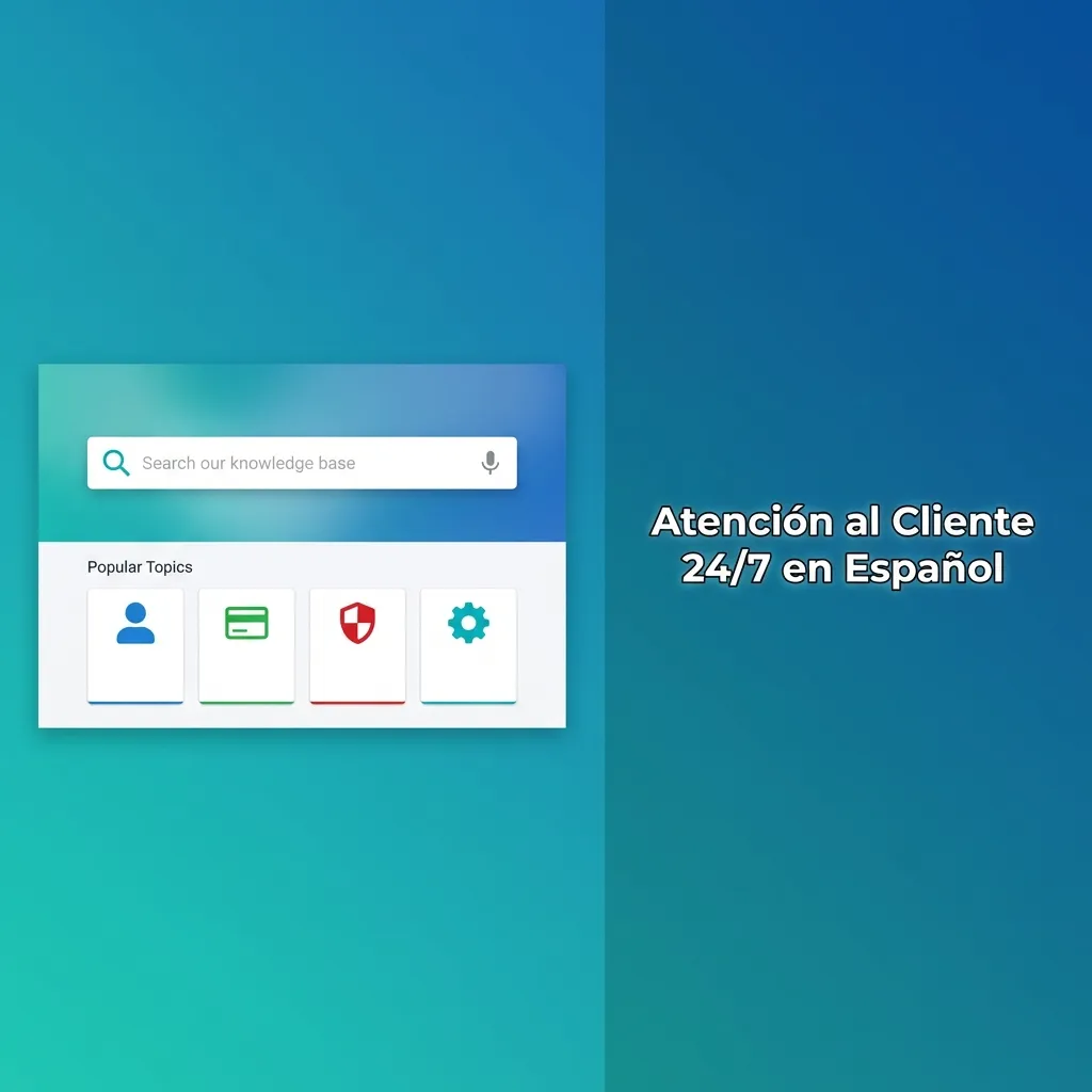 Equipo de soporte 24/7 en español con múltiples canales de contacto: chat, email, teléfono, WhatsApp y redes sociales