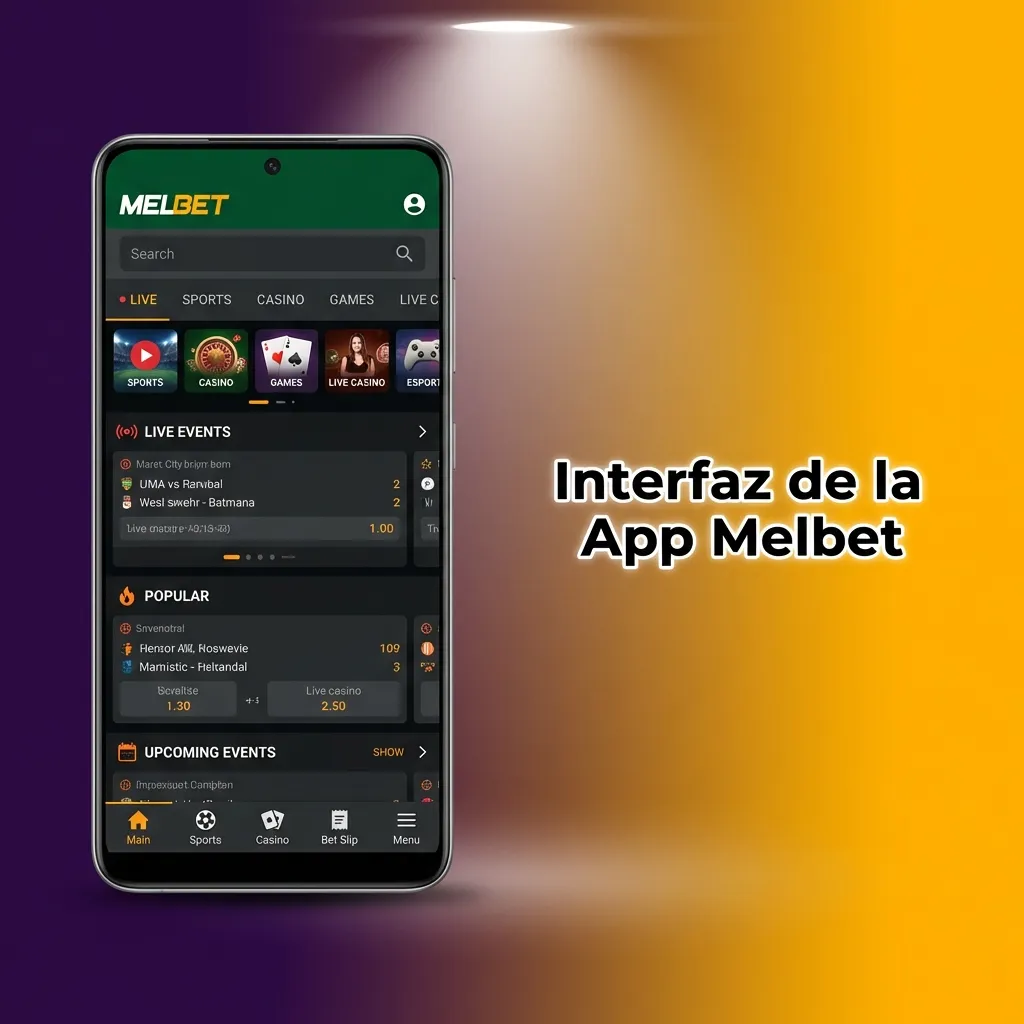Interfaz móvil de Melbet mostrando menú inferior con secciones de apuestas deportivas, casino y promociones