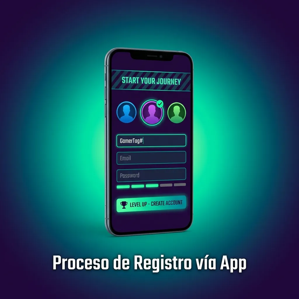 Four-step mobile app registration process showing sign-up button, method selection, form completion, and verification.