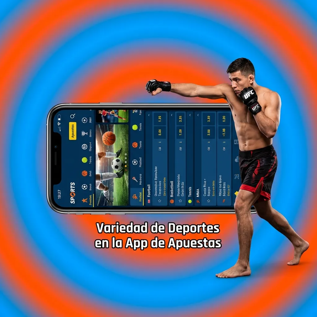 Interfaz de app de apuestas mostrando múltiples deportes disponibles incluyendo fútbol, baloncesto, tenis y eSports