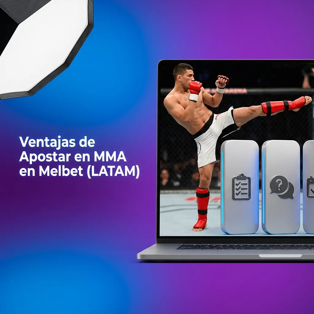 MMA fighter in octagon with Melbet betting interface showing odds and markets for Latin American users